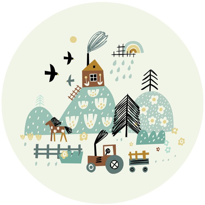 Sticker Ein Traktor vor der Kulisse einer märchenhaften Landschaft