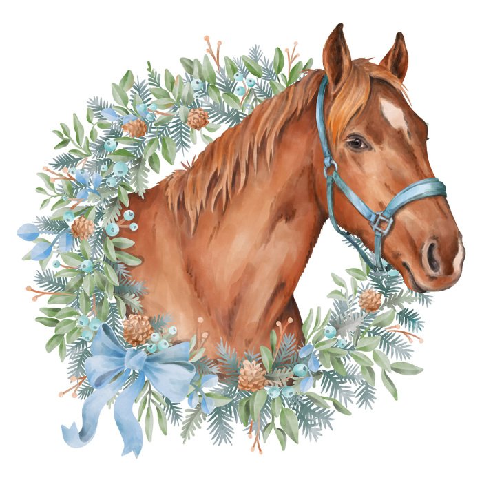 Sticker Porträt eines Pferdes mit einem Aquarellkranz