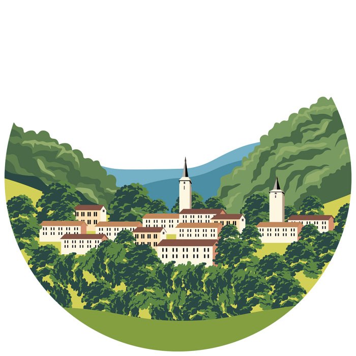 Sticker Landschaft eines malerischen Dorfes in einem Tal