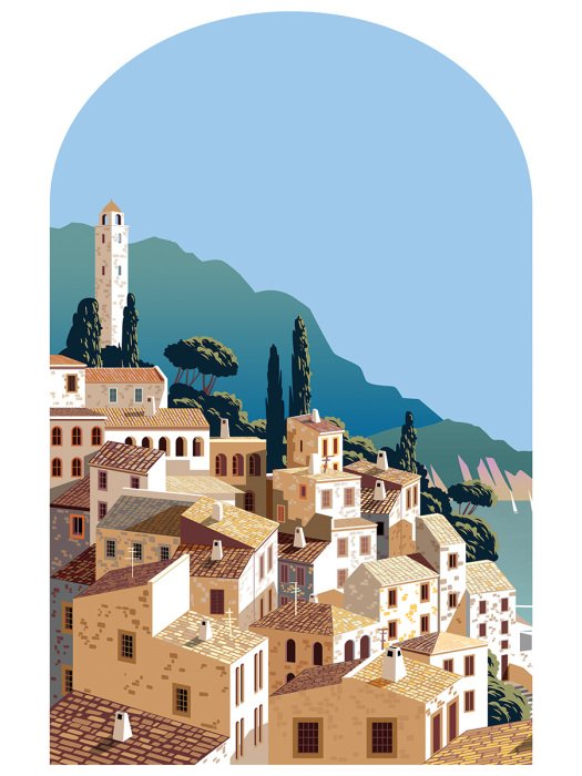 Sticker Blick auf ein mediterranes Dorf an der Küste