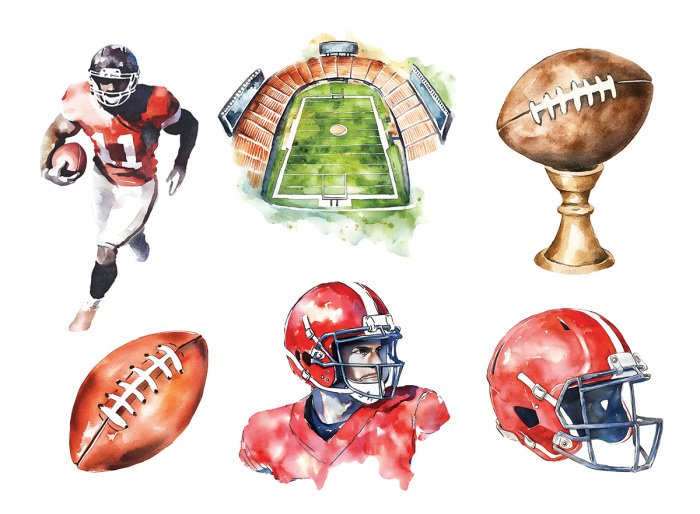 Sticker Aquarellillustrationen zum Thema American Football