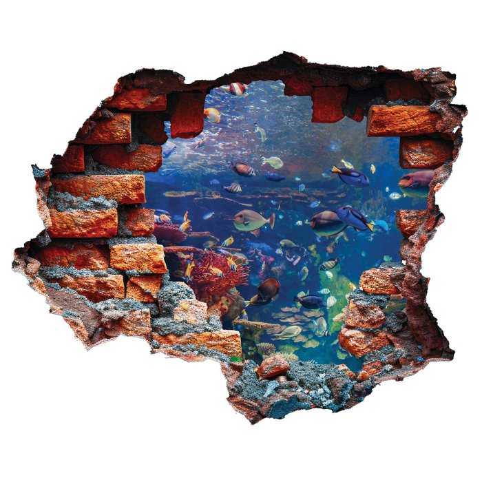 Sticker Ein 3D-Blick durch ein Loch in einer Backsteinmauer auf die Unterwasserwelt und ein Korallenriff.