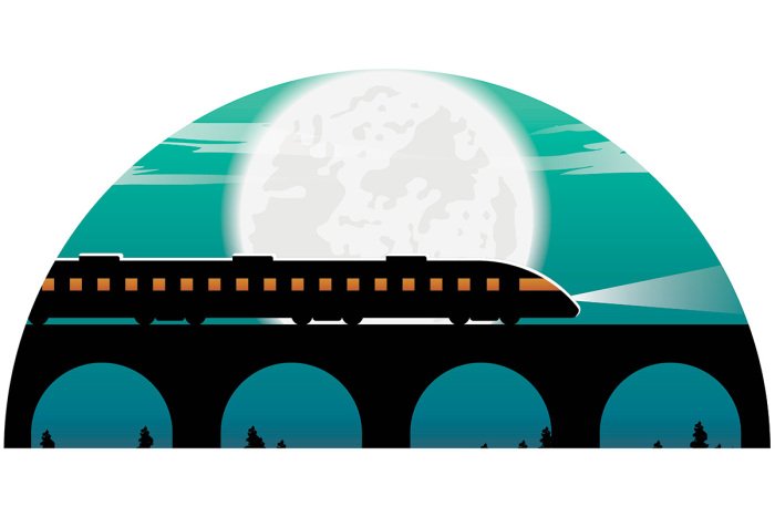 Sticker Zug über eine Eisenbahnbrücke bei Nacht