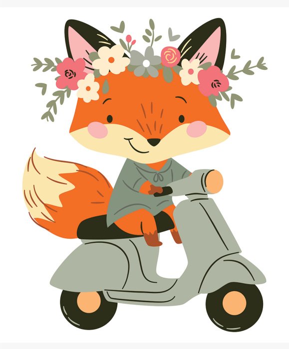 Sticker Fuchs auf einem Roller – Bastelvorlage für Kinder