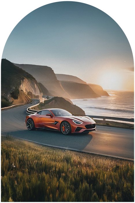 Sticker Ein Sportwagen vor einer Sonnenuntergangslandschaft