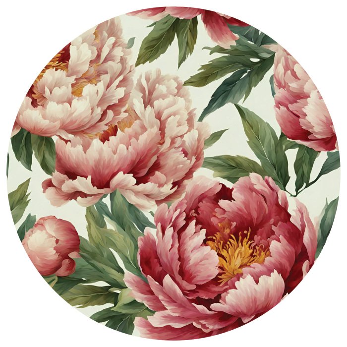 Sticker Romantische Pfingstrosenblüten zwischen grünen Blättern