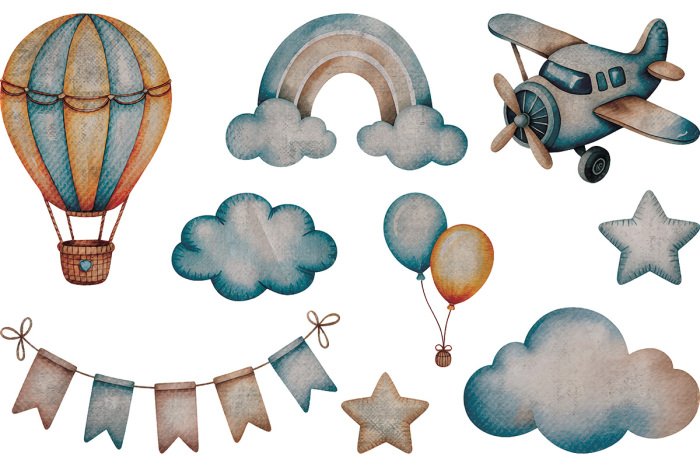 Sticker Retro-Aquarell-Ballon, Flugzeug, Wolken und Sterne