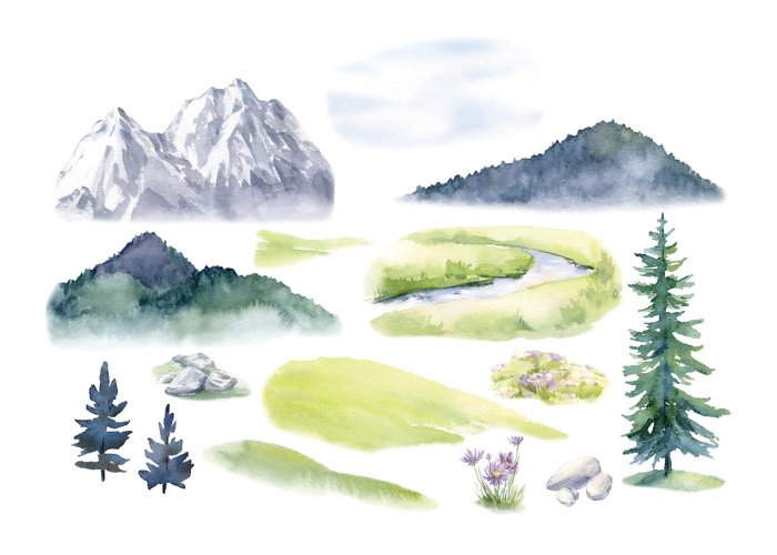 Sticker Berge und Bäume im Aquarellstil