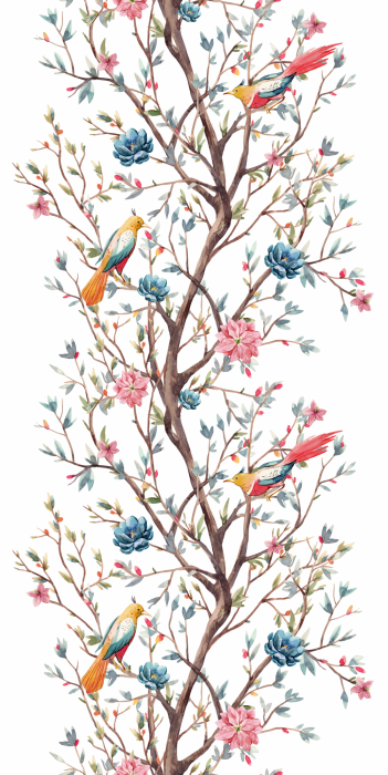 Tapete Ein Ast mit Blumen und Vögeln