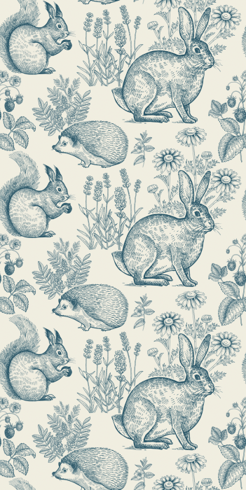 Tapete Pastellillustration von Kaninchen zwischen Blumen