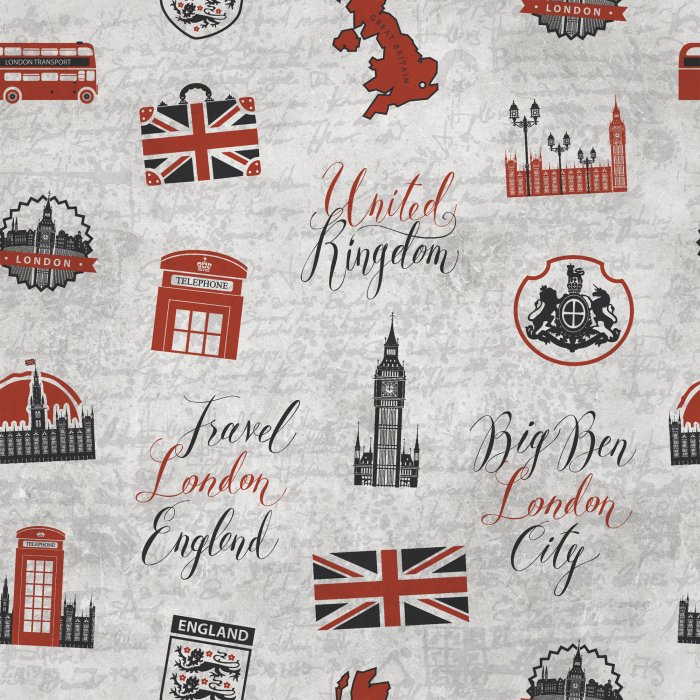 Tapete Ein Muster mit britischen Symbolen auf grauem Hintergrund