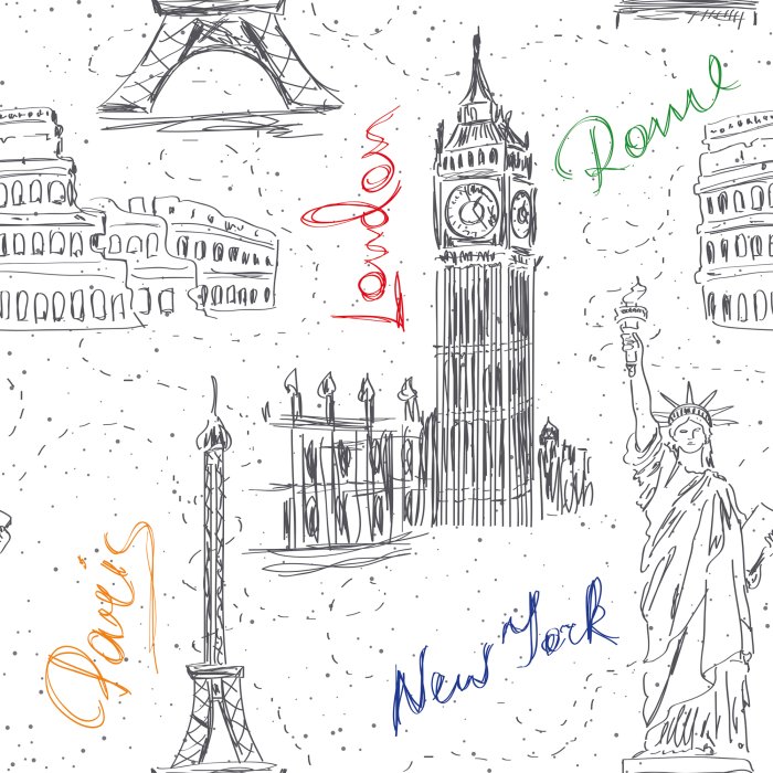 Tapete Denkmäler und Namen verschiedener Städte