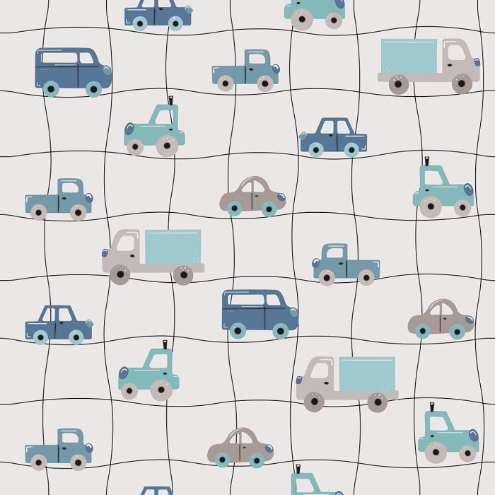 Tapete Blaue Autos auf kariertem Hintergrund