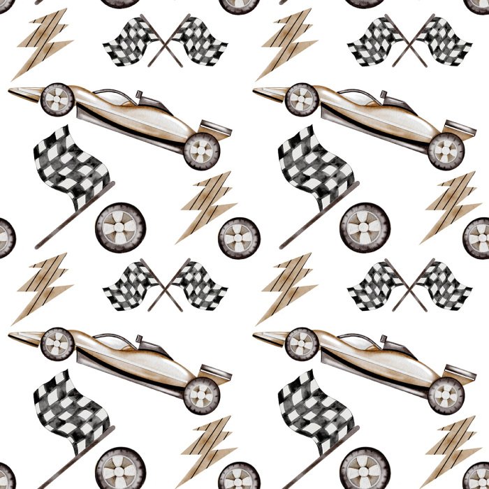 Tapete Rennwagen und Flaggen im Aquarellstil