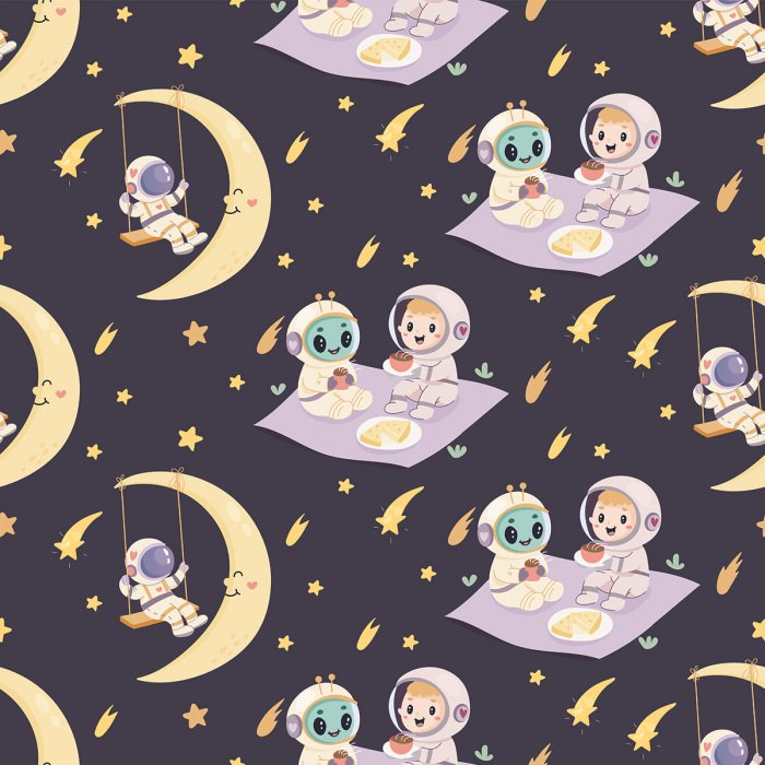 Tapete Astronauten im Weltraum vor dem Nachthimmel – ein Muster für Kinder