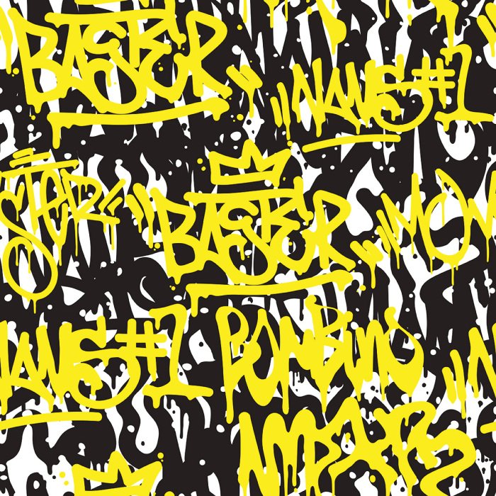 Tapete Gelbe Graffiti-Schriftzüge auf schwarzem und weißem Hintergrund