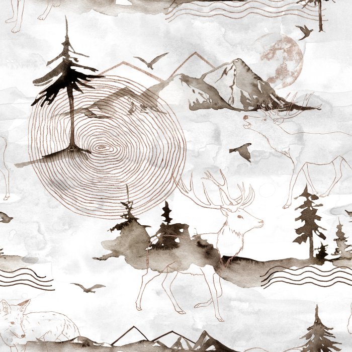 Tapete Aquarelllandschaft mit Bergen, Wald und Hirschen