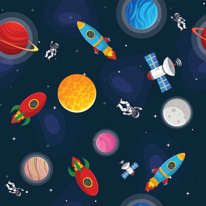 Tapete Rote und blaue Raketen im Weltraum zwischen den Planeten