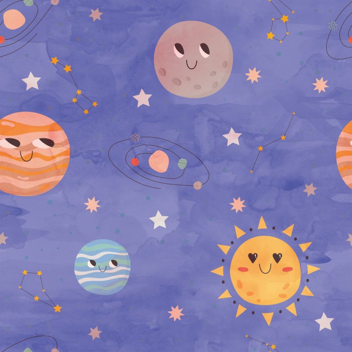 Tapete Planeten im Weltraum – ein Muster für Kinder im Cartoon-Stil