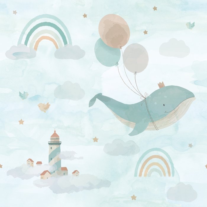 Tapete Fliegender Wal mit Krone, der Ballons hält.