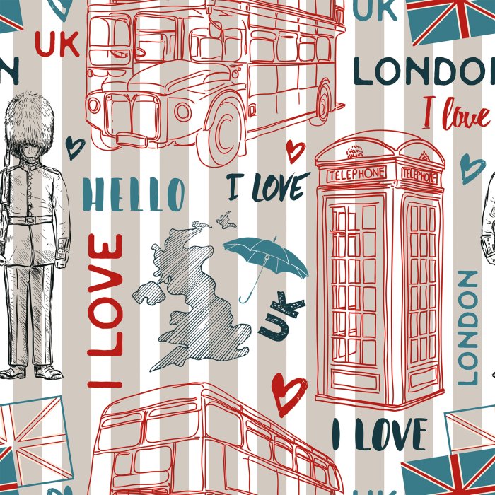 Tapete Londoner Symbole auf gestreiftem Hintergrund