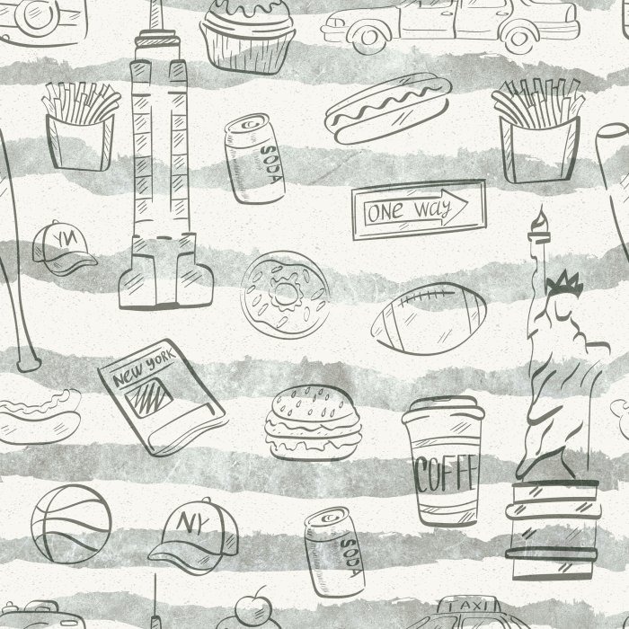 Tapete Cartoon-Symbole von New York auf gestreiftem Hintergrund