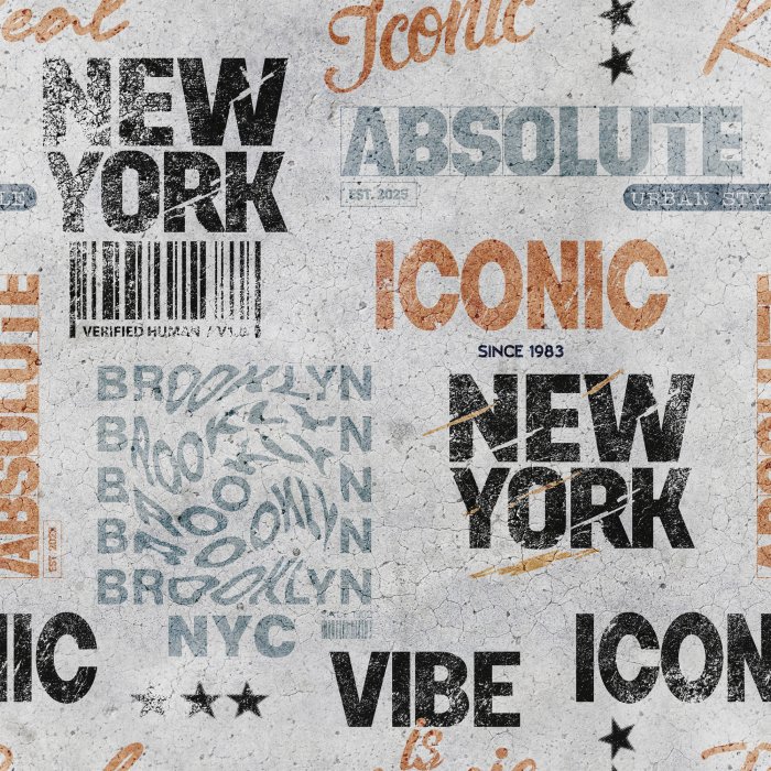 Tapete Eine Collage aus New Yorker Stadtschildern auf Betongrund.