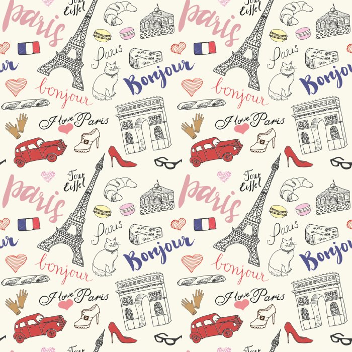 Tapete Symbole von Paris, Eiffelturm und Inschriften