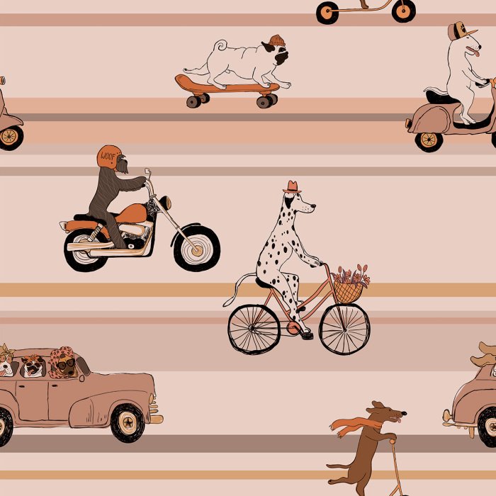 Tapete Niedliche Hunde in Fahrzeugen vor einem gestreiften Hintergrund