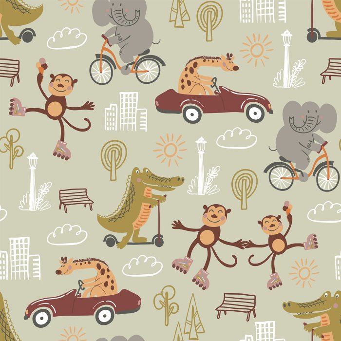 Tapete Niedliche Tiere im Stadtmuster für Kinder