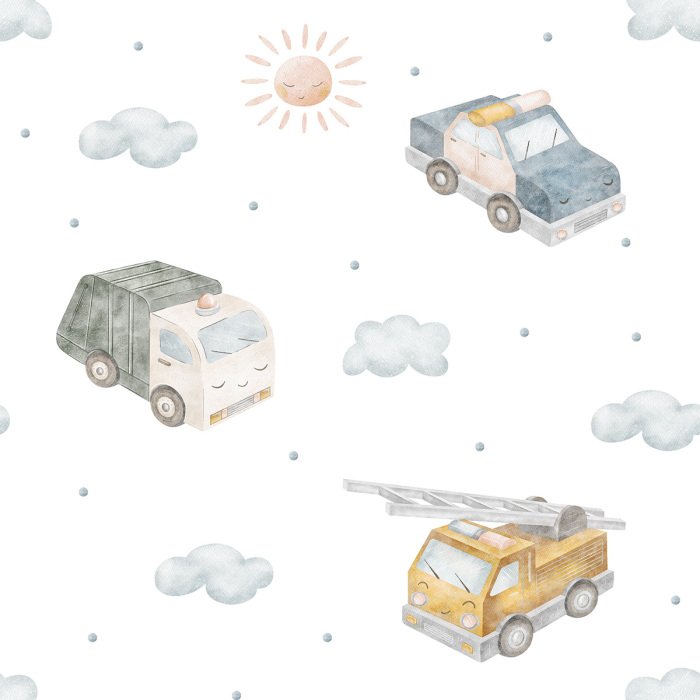 Tapete Aquarellmuster mit Fahrzeugen, Wolken und Sonne
