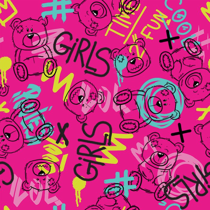 Tapete Graffiti und Teddybären auf rosa Hintergrund