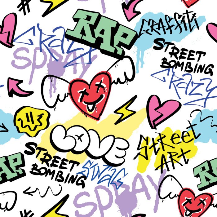 Tapete Farbenfrohe Graffiti-Inschriften und Zeichnungen im Stil der Straßenkunst