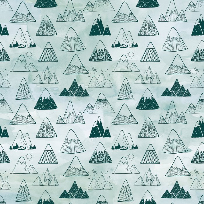 Tapete Gekritzelte Berge auf grünem Aquarellhintergrund