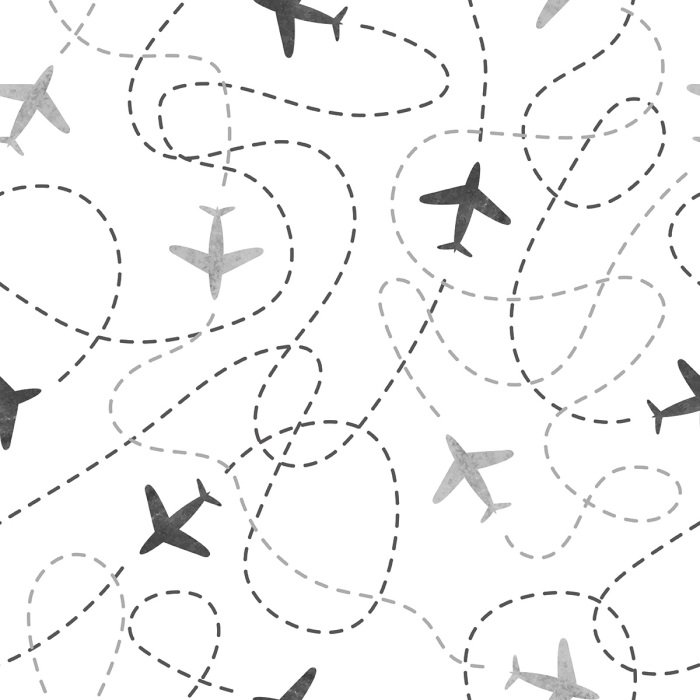 Tapete Aquarellflugzeuge in Grau auf weißem Hintergrund