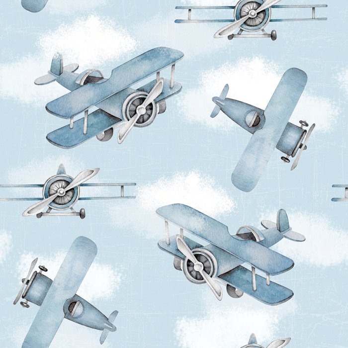 Tapete Aquarellflugzeuge auf blauem Hintergrund zwischen den Wolken