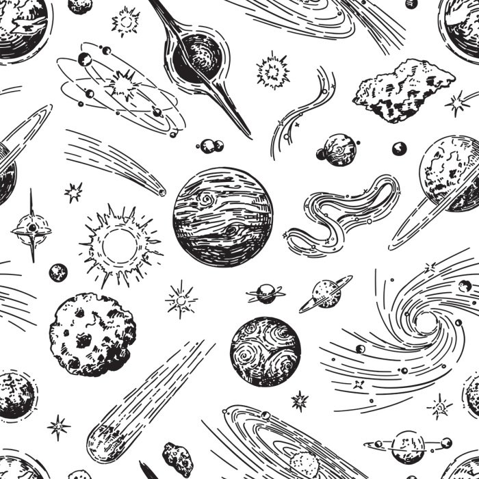 Tapete Schwarz-weißes Planetenmuster im Weltraum
