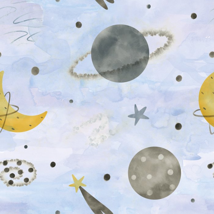 Tapete Aquarellmuster von Planet, Mond und Sternen