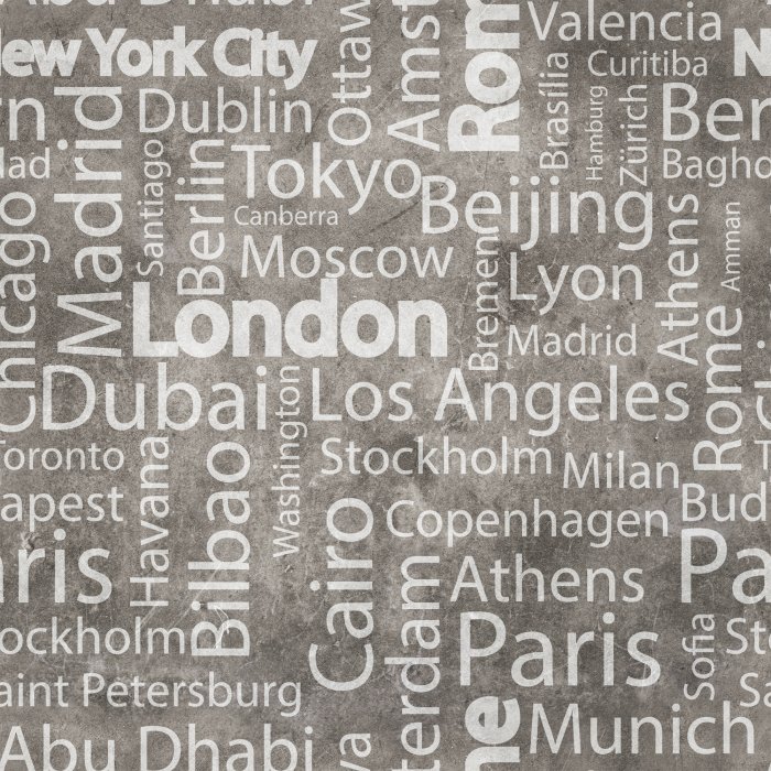 Tapete Städtenamen aus aller Welt auf Betonhintergrund