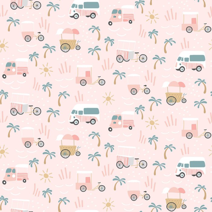 Tapete Retro-Automuster mit Palmen in Pastellfarben