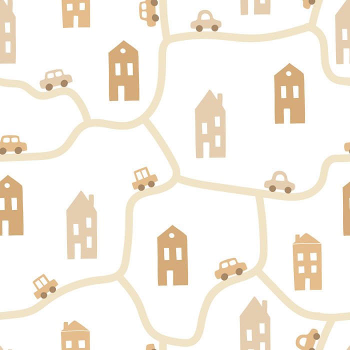 Tapete Muster mit Häusern und Autos für Kinder in neutralen Farben