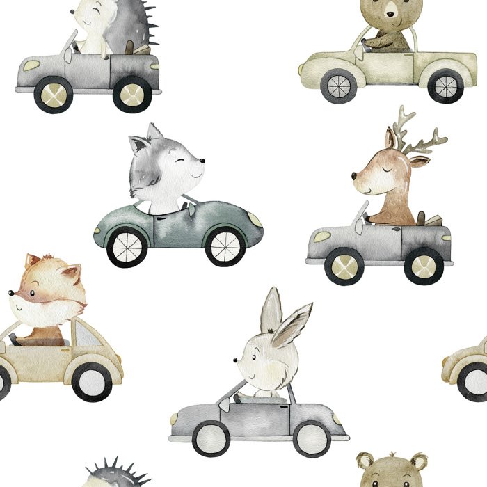 Tapete Aquarellmuster „Tiere in Autos“