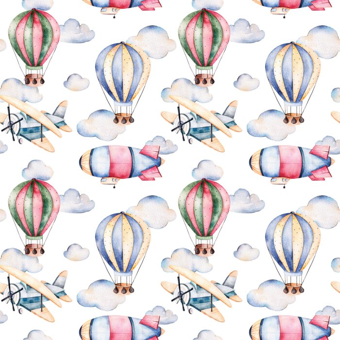 Tapete Muster aus Ballons, Luftschiffen und Flugzeugen im Aquarellstil