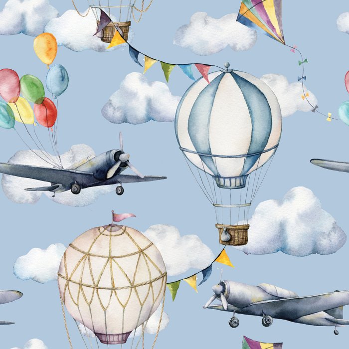 Tapete Aquarellmuster mit Luftfahrtmotiven wie Flugzeugen und Ballons