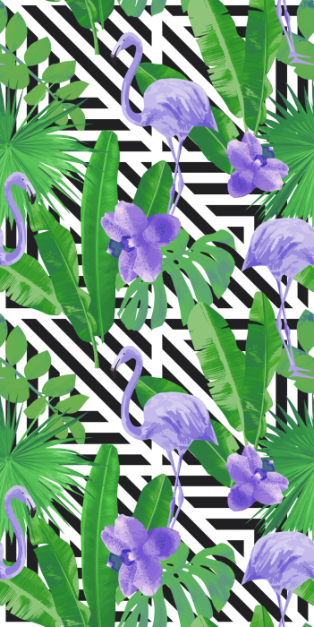 Tapete Monstera-Blätter mit lila Flamingos