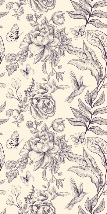 Tapete Vintage-Zeichnung mit Blumen und Schmetterlingen
