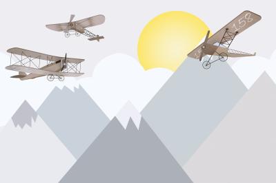 Fototapete Märchenhafte Doppeldecker fliegen über Berge