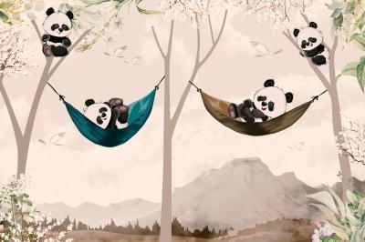 Fototapete Cute pandas lying in hammock for child room wallpaper design