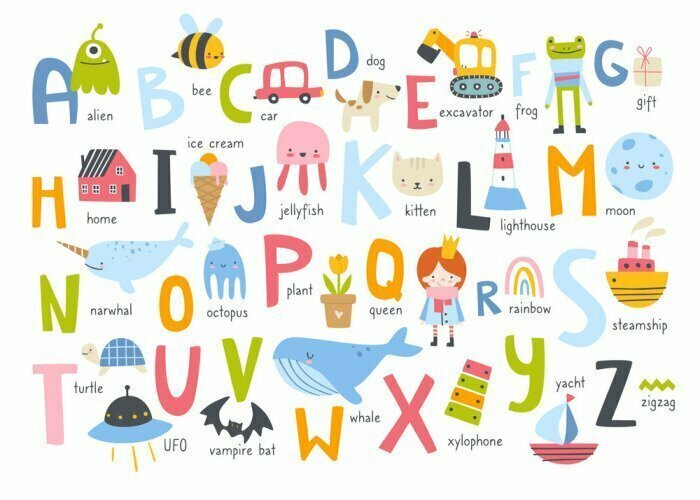 Sticker Cute english alphabet for kids with naive doodle pictures. Abc learning cartoon poster for children.