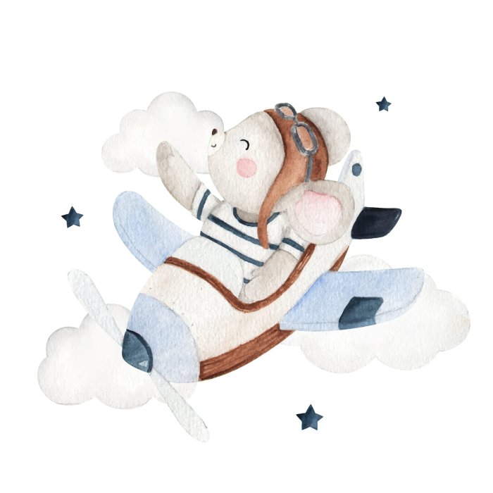 Sticker Niedliche Maus im Flugzeug mit Wolken und Sternen